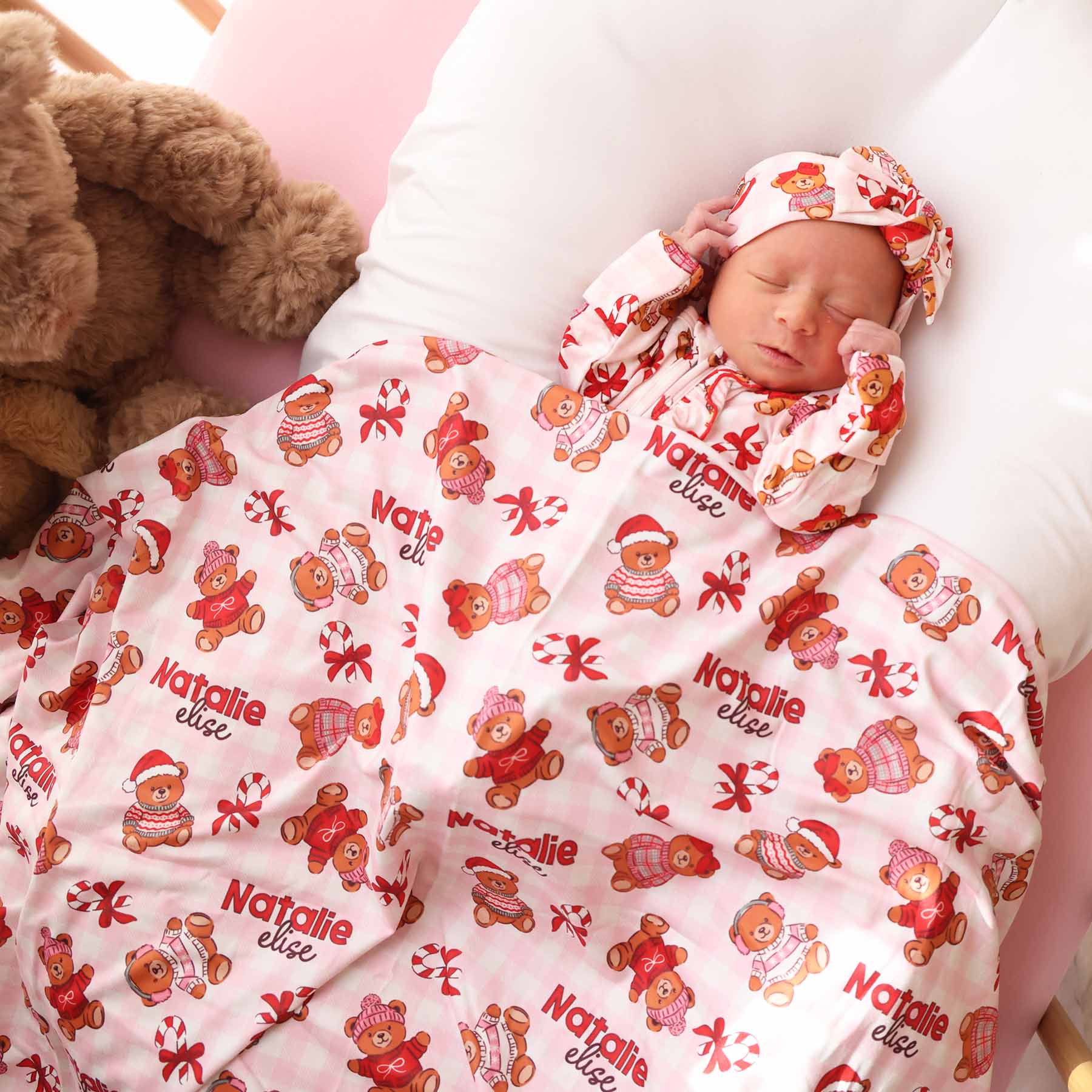 Beary Christmas Personalized Swaddle Blanket | Pink