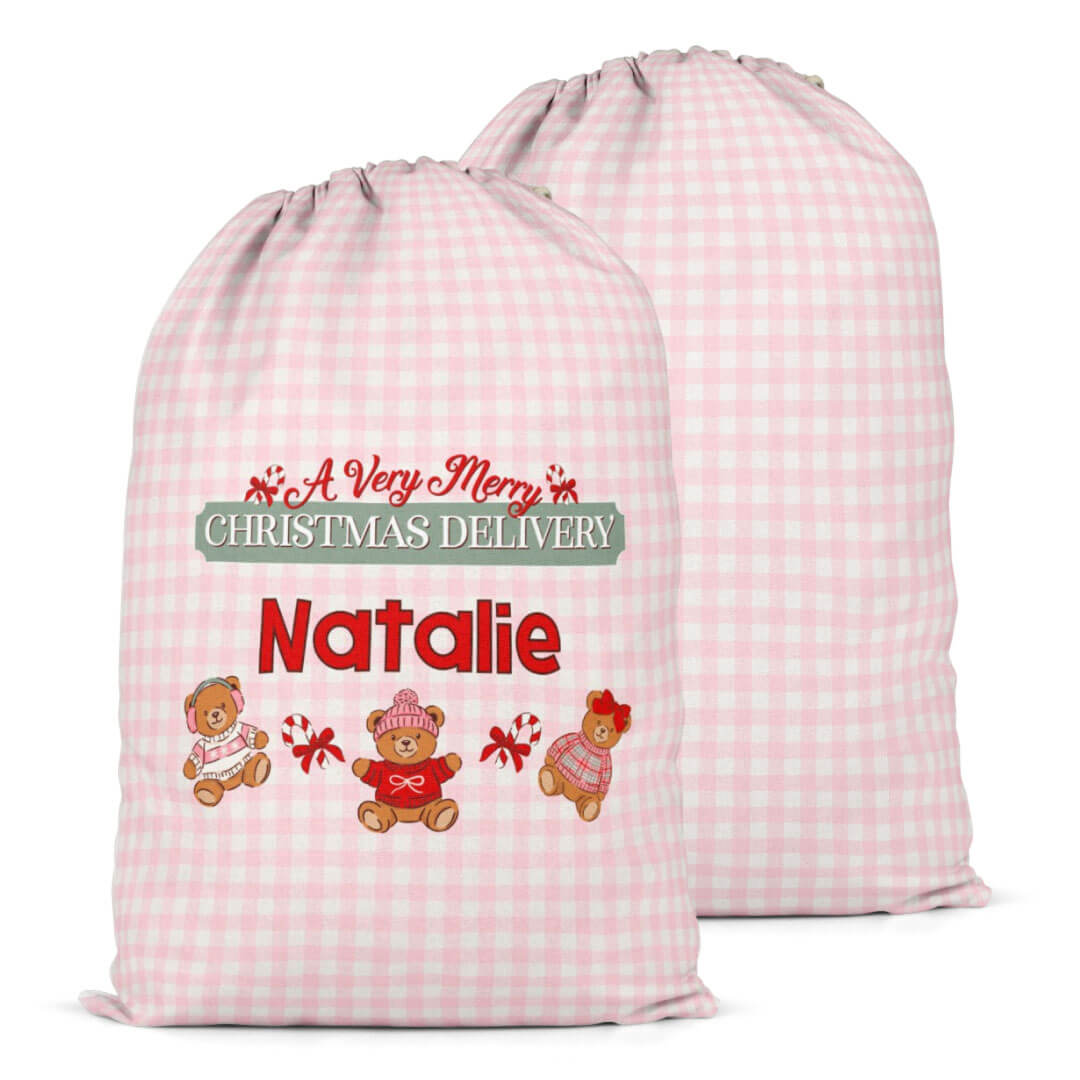Personalized Santa Sacks | Beary Christmas Pink