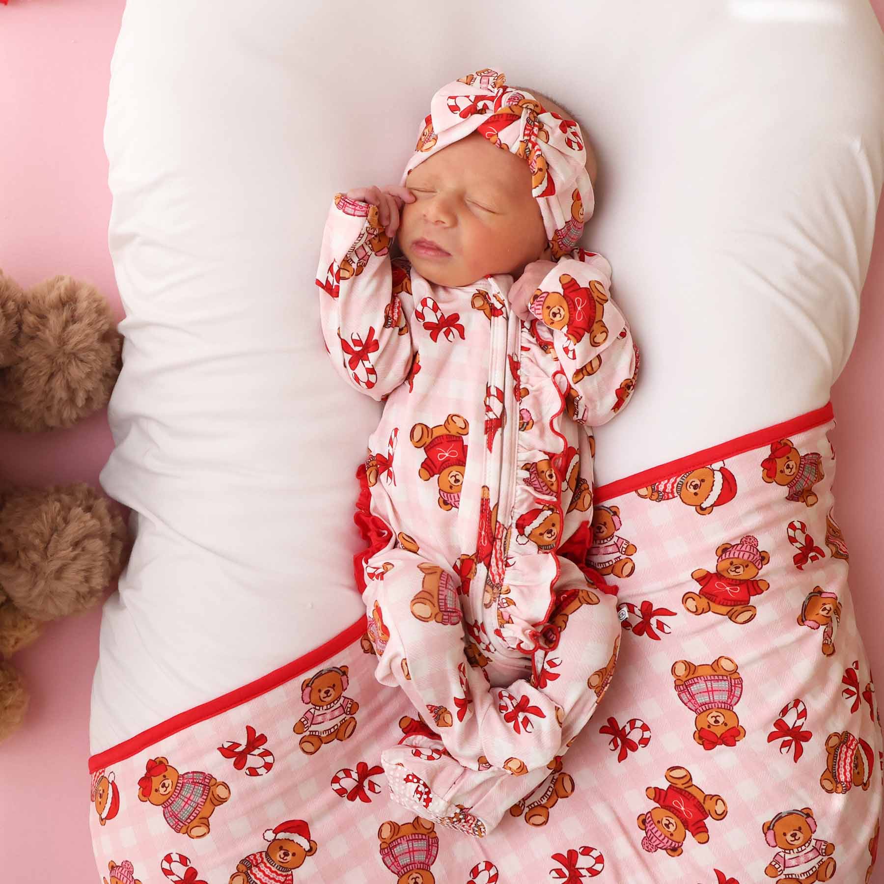 Beary Christmas Ruffle Zipper Footie | Pink