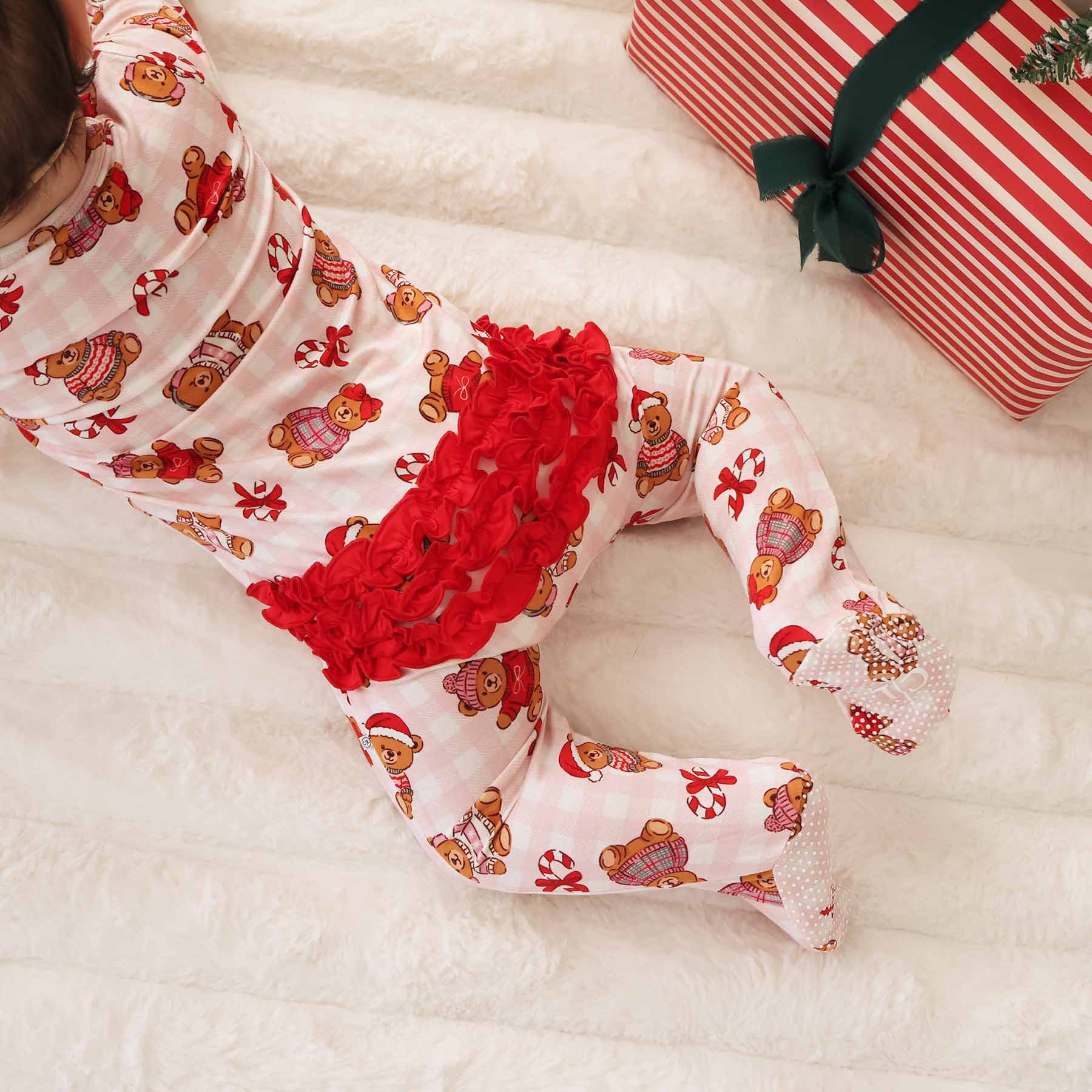 Beary Christmas Ruffle Zipper Footie | Pink