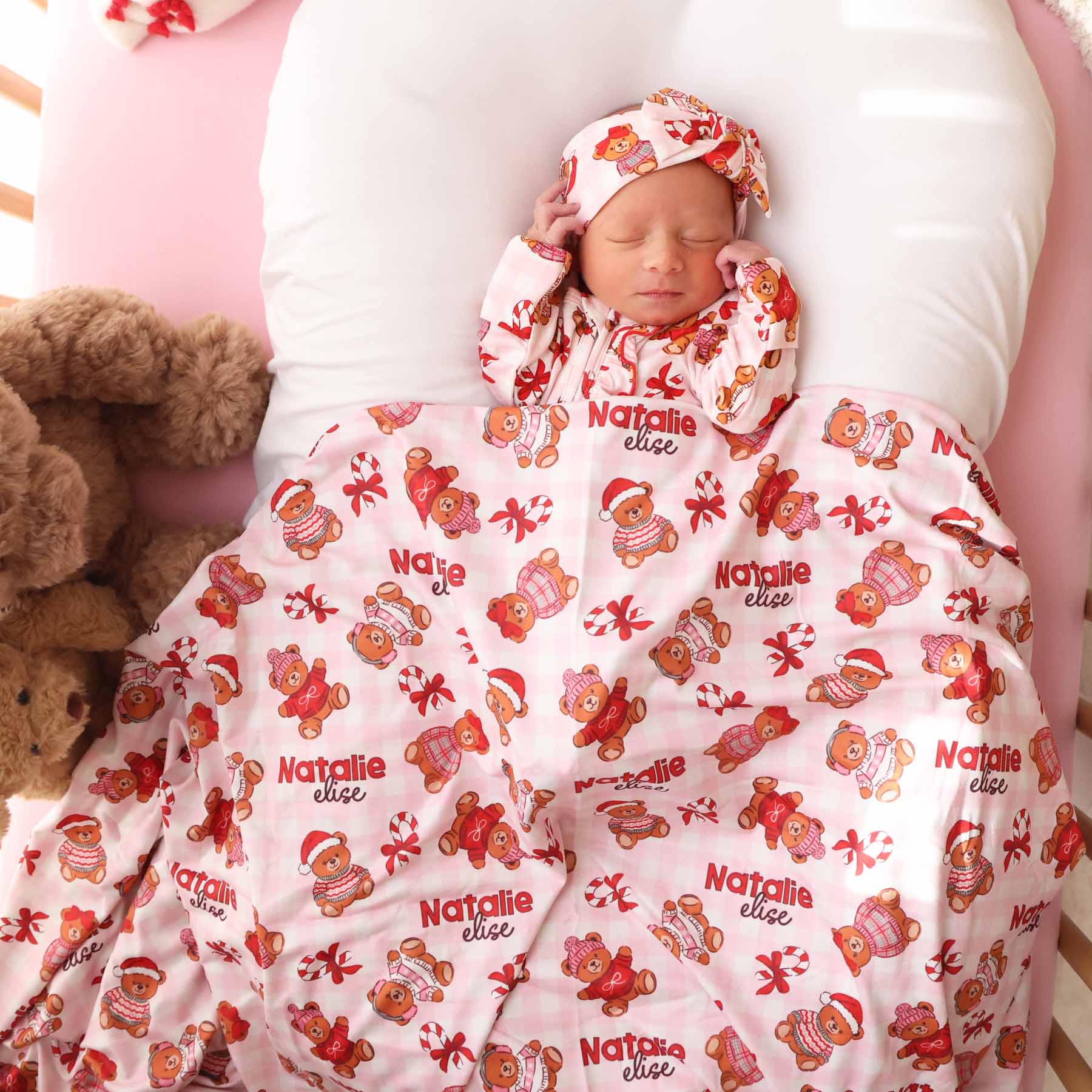 Beary Christmas Personalized Swaddle Blanket | Pink