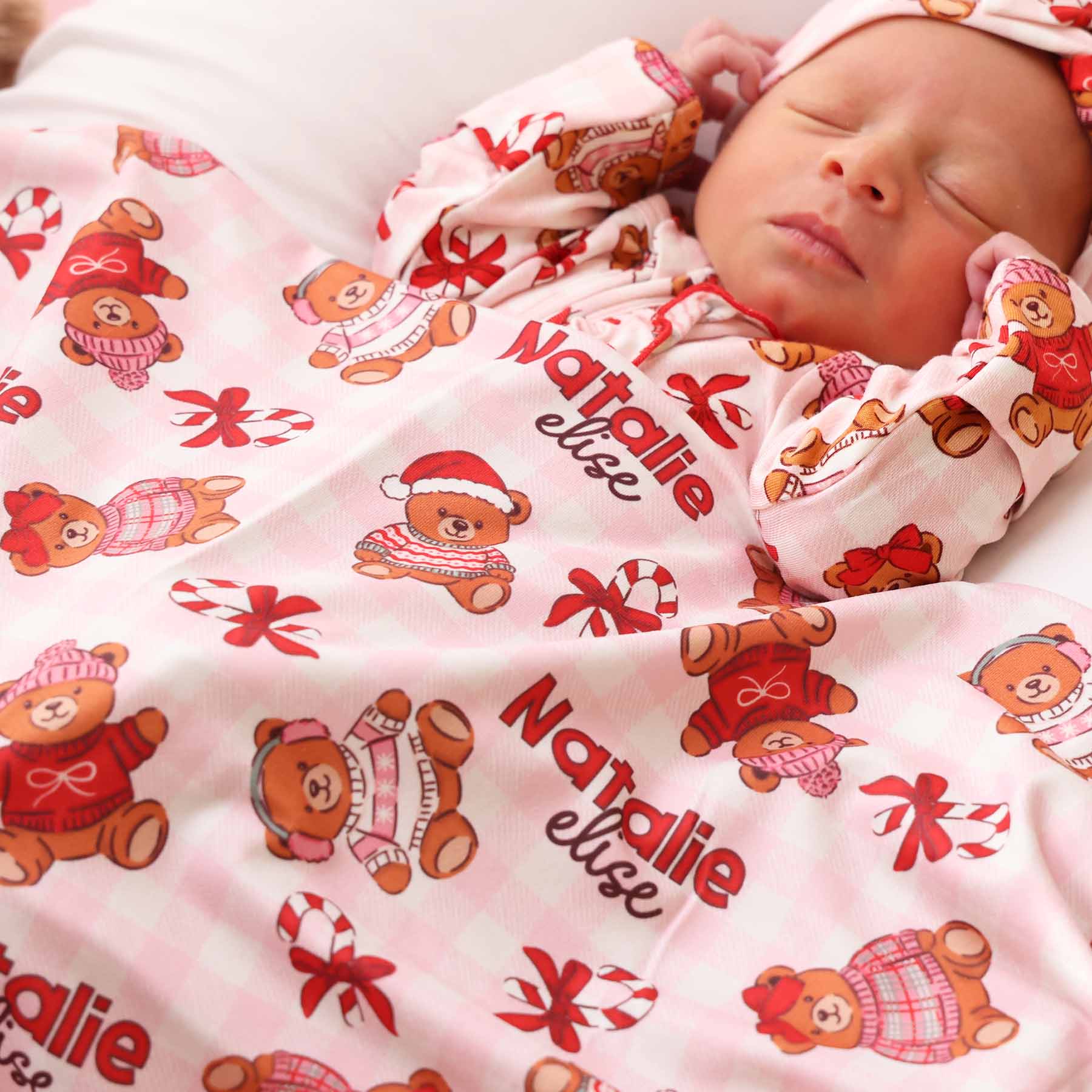 Beary Christmas Personalized Swaddle Blanket | Pink