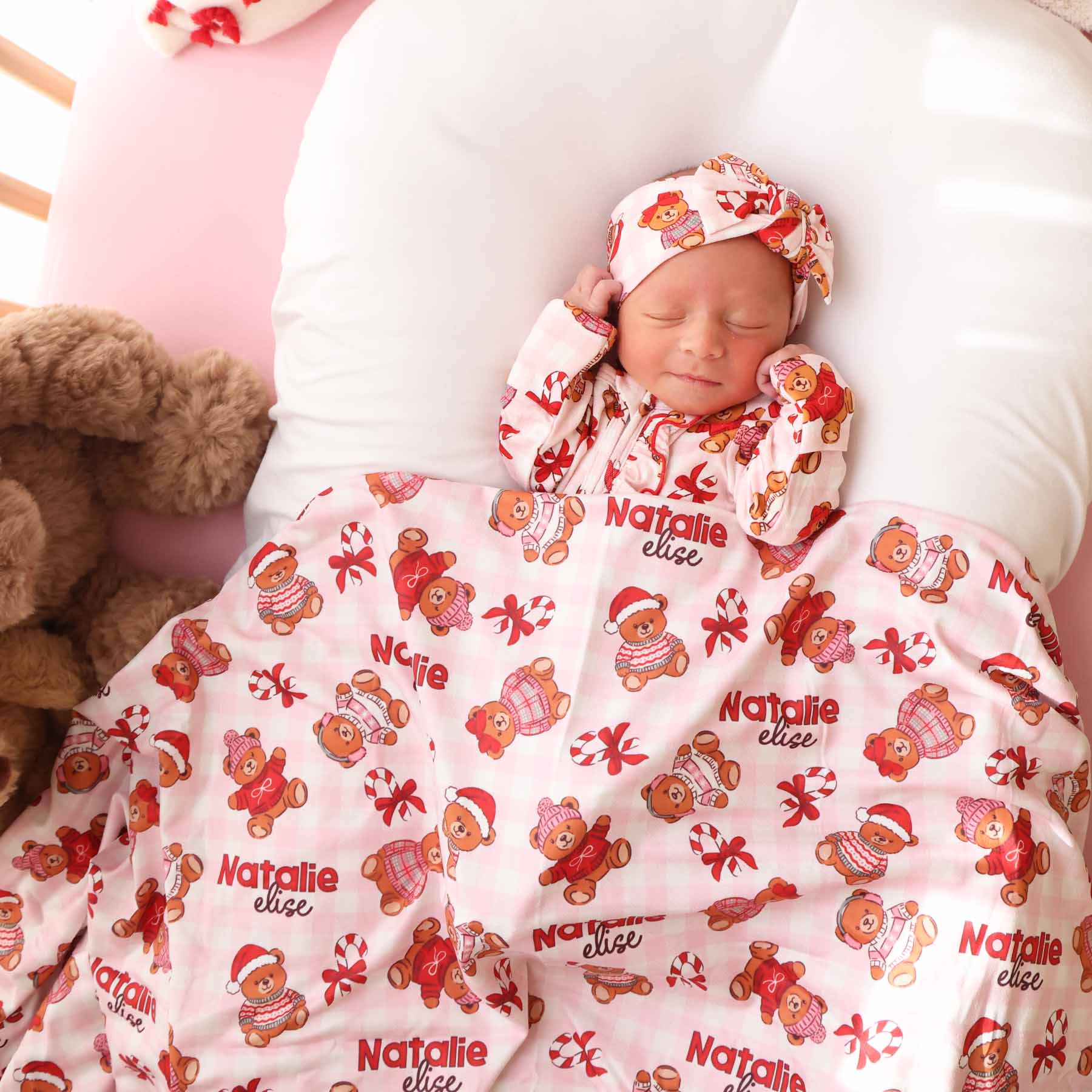 Beary Christmas Personalized Swaddle Blanket | Pink